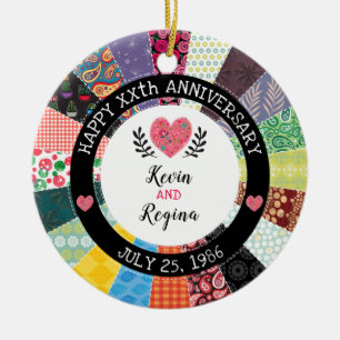 Personalised Anniversary, Patchwork Quilt Pattern Ceramic Tree Decoration