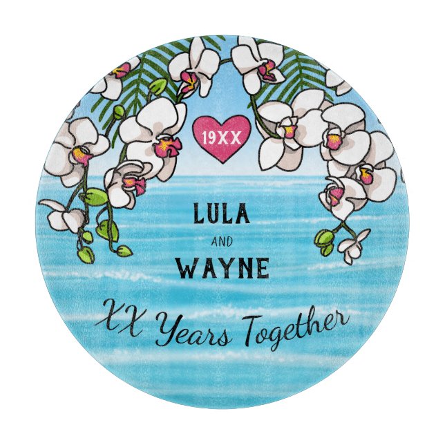 Personalised Anniversary Tropical Beach Orchids Cutting Board (Front)