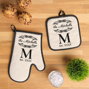Personalised Antique Black Filigree Scroll Oven Mitt & Pot Holder Set