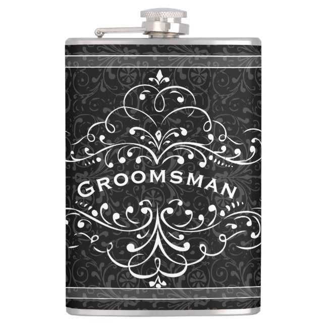 Personalised Any Colour Vintage Flourish Groomsman Hip Flask (Front)