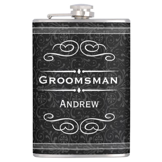 Personalised Any Colour Vintage Flourish Groomsman Hip Flask (Front)
