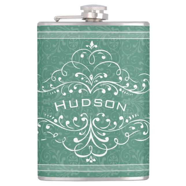 Personalised Any Colour Vintage Flourish Hip Flask (Front)