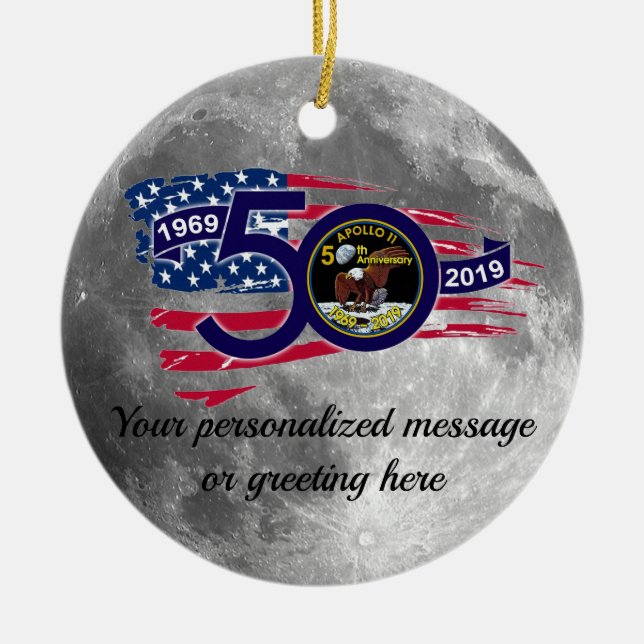 Personalised Apollo 11 50th Anniversary Ceramic Tree Decoration (Front)