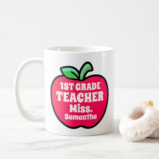 Personalised Apple First Grade Teacher Name  Coffee Mug (With Donut)