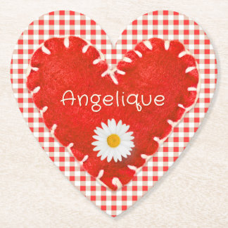 Personalised Applique Heart and Daisy on Gingham Paper Coaster