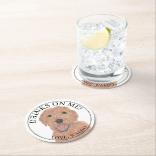 Personalised Apricot Golden Doodle Dog Wedding Round Paper Coaster