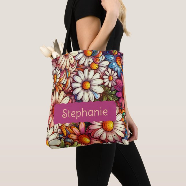 Personalised April Birth Flower Daisy Tote Bag (Close Up)