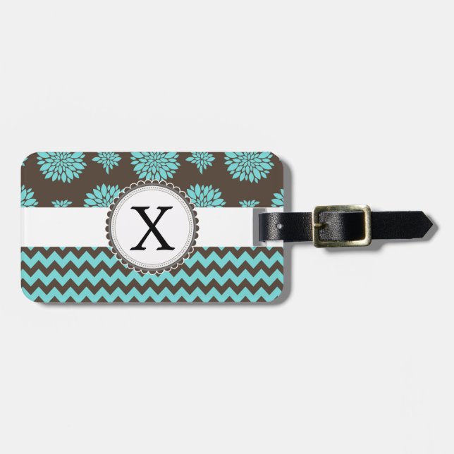 Personalised Aqua and brown Flowers Zigzag Luggage Tag (Front Horizontal)
