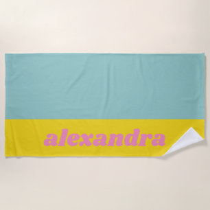 Personalised Aqua and Yellow Retro Typography Fun Beach Towel