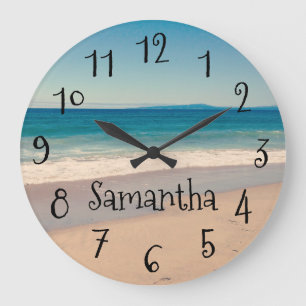 Personalised Aqua Beach Scene Black Text Large Clock