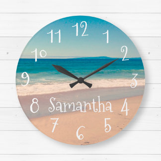 Personalised Aqua Beach Scene Large Clock