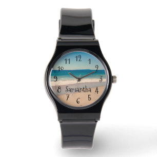Personalised Aqua Beach Scene Photo Black Text Watch