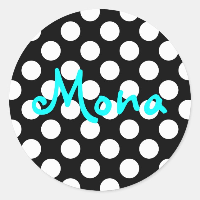 Personalised Aqua Black and White Polka Dot Classic Round Sticker (Front)