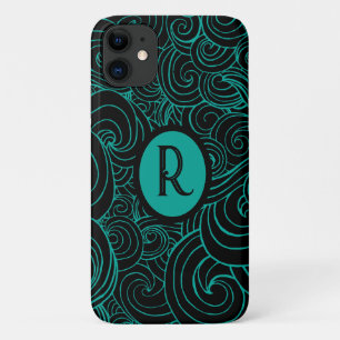 Personalised Aqua & Black Artistic Swirls iPhone 11 Case