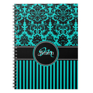 Personalised Aqua Black White Striped Damask Notebook