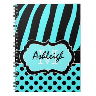 Personalised Aqua Black White Striped Polka Dots Notebook