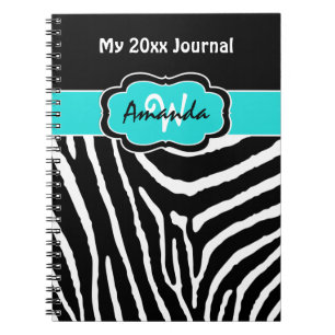 Personalised Aqua Black White Zebra Stripe Journal