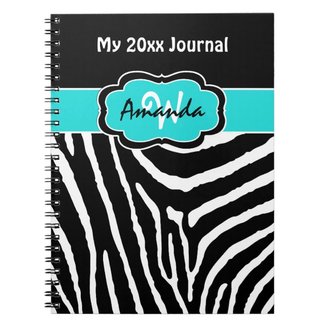 Personalised Aqua Black White Zebra Stripe Journal (Front)