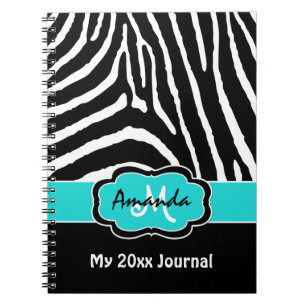 Personalised Aqua Black White Zebra Stripe Journal