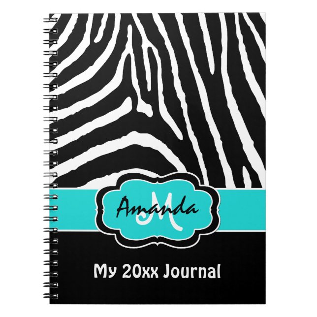 Personalised Aqua Black White Zebra Stripe Journal (Front)
