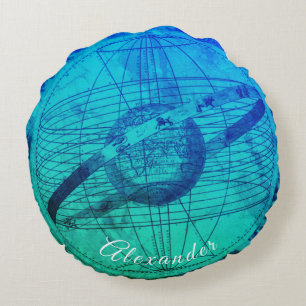 Personalised Aqua Blue Celestial Map Nautical Round Cushion