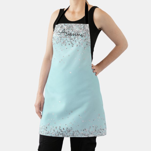 Personalised Aqua Blue Glitter Name Kitchen Apron (Insitu)