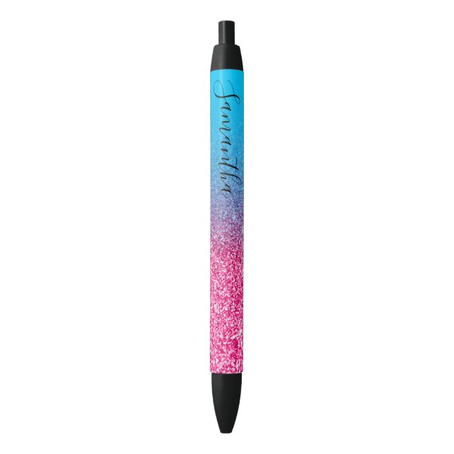 Personalised Aqua Blue Hot Pink Ombre Glitter Black Ink Pen (Front Vertical)