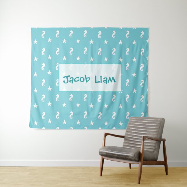 Personalised Aqua Blue Seahorse Boys Name Tapestry (In Situ (Horizontal))