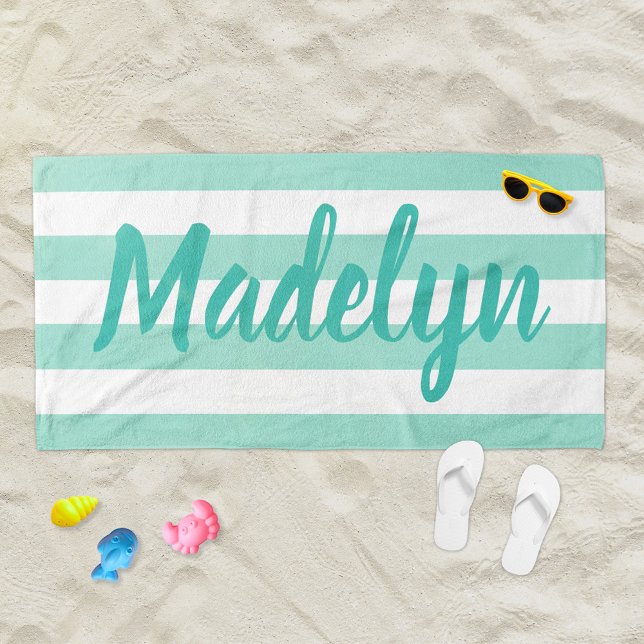 Personalised Aqua Blue Striped Script Name Beach Towel (Creator Uploaded)