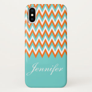 Personalised Aqua Blue White Orange Chevron iPhone X Case