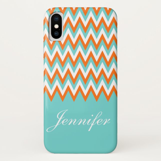 Personalised Aqua Blue White Orange Chevron Case-Mate iPhone Case (Back)