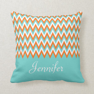 Personalised Aqua Blue White Orange Chevron Cushion