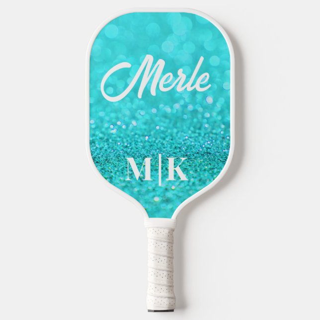Personalised Aqua Glitter Monogrammed Pickleball Paddle (Front)
