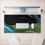 Personalised Aqua/Green Agate w/Gold Glitter Veins Desk Mat<br><div class="desc">Cool modern trendy iridescent aqua/blue/green agate with gold glitter veins and sparkles on black background with editable text field for your name or monogram.</div>