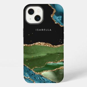 Personalised Aqua/Green Agate w/Gold Glitter Veins iPhone 13 Case