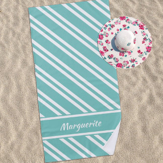 Personalised Aqua Green and White Stripes Beach Towel