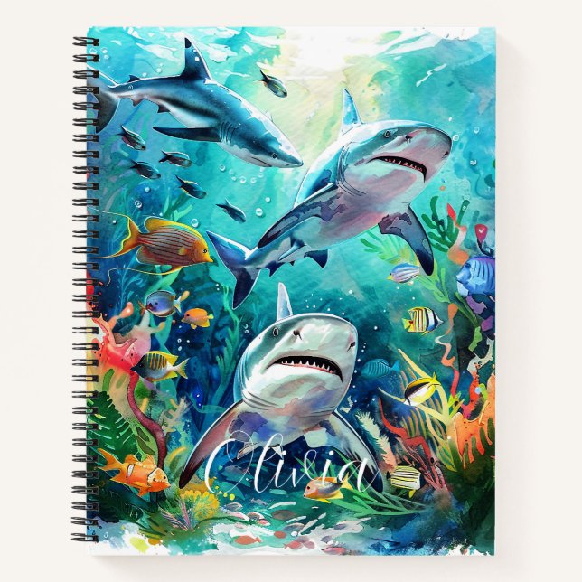 "Personalised Aqua Kids Notebook with Scary Shark  (Front)