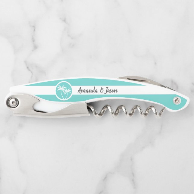Personalised Aqua Palm Logo and Stripes Corkscrew (Front)