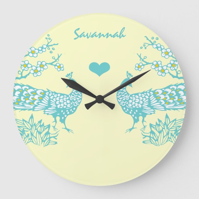 Personalised Aqua Peacock Bird  Wall Clock (Front)