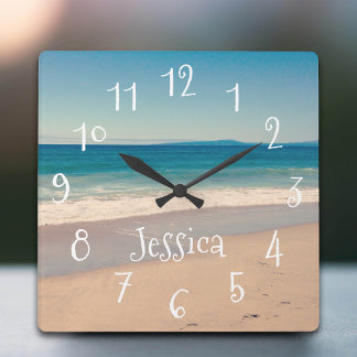 Personalised Aqua Seaside Beach Scene Square Wall Clock
