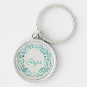 Personalised Aqua Tattoo Filigree Circle Key Ring