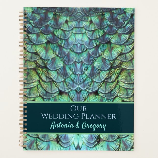 Personalised Aqua Vibrant Peacock Feathers Wedding Planner (Front)