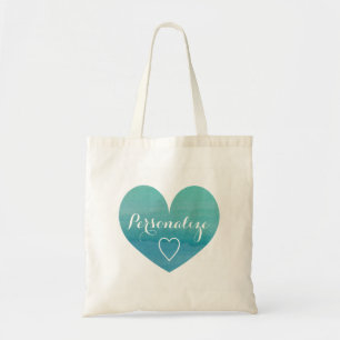 Personalised aqua water colour heart tote bag