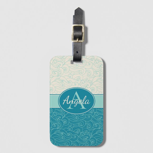 Personalised Aqua Waves Luggage Tag (Front Vertical)
