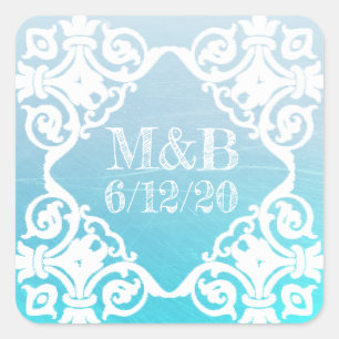 Personalised Aqua Wedding Date & Initials Sticker