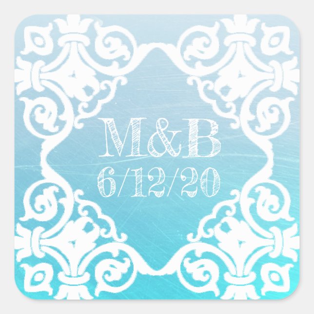 Personalised Aqua Wedding Date & Initials Sticker (Front)