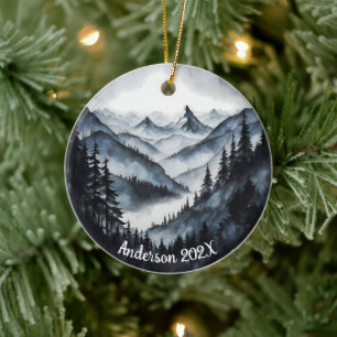 Personalised Aquarelle Watercolor Mountain Scene  Ceramic Tree Decoration