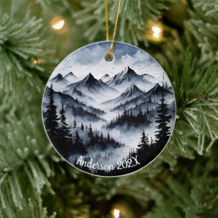 Personalised Aquarelle Watercolor Mountain Scene  Ceramic Tree Decoration