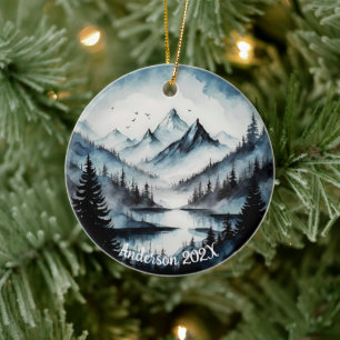 Personalised Aquarelle Watercolor Mountain Scene  Ceramic Tree Decoration