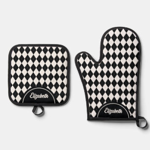Personalised Argyle Harlequin Black White Oven Mitt & Pot Holder Set
